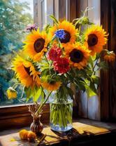 Яркий букет подсолнухов на подоконнике