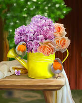 Букет цветов в желтой лейке