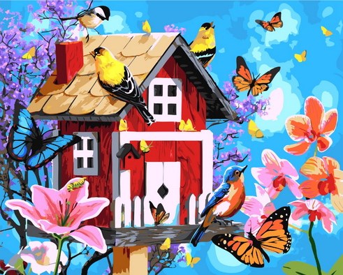 Картина по номерам 40x50 Милый домик и птички с бабочками