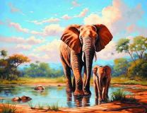 Большой слон с малышом у водопоя