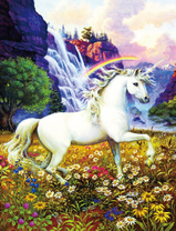 Единорог на цветочной поляне возле водопада