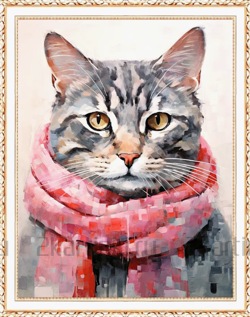 Алмазная мозаика 40x50 Серый котик в розовом шарфе