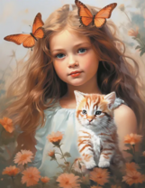 Девочка держит полосатого котёнка на руках