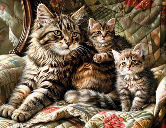 Алмазная мозаика 40x50 Серая кошечка и ее котята