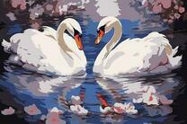 Два лебедя на озере с цветами